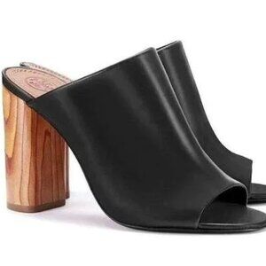 Tory Burch Raya Black Leather Mule Sandals Woodgrain Block Heel Size 8 1/2